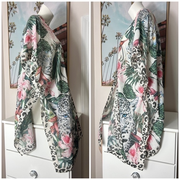 JC Sunny White Leopard Animal Lightweight Semi Sheer Kimono One Size 100% Cotton - Picture 6 of 7